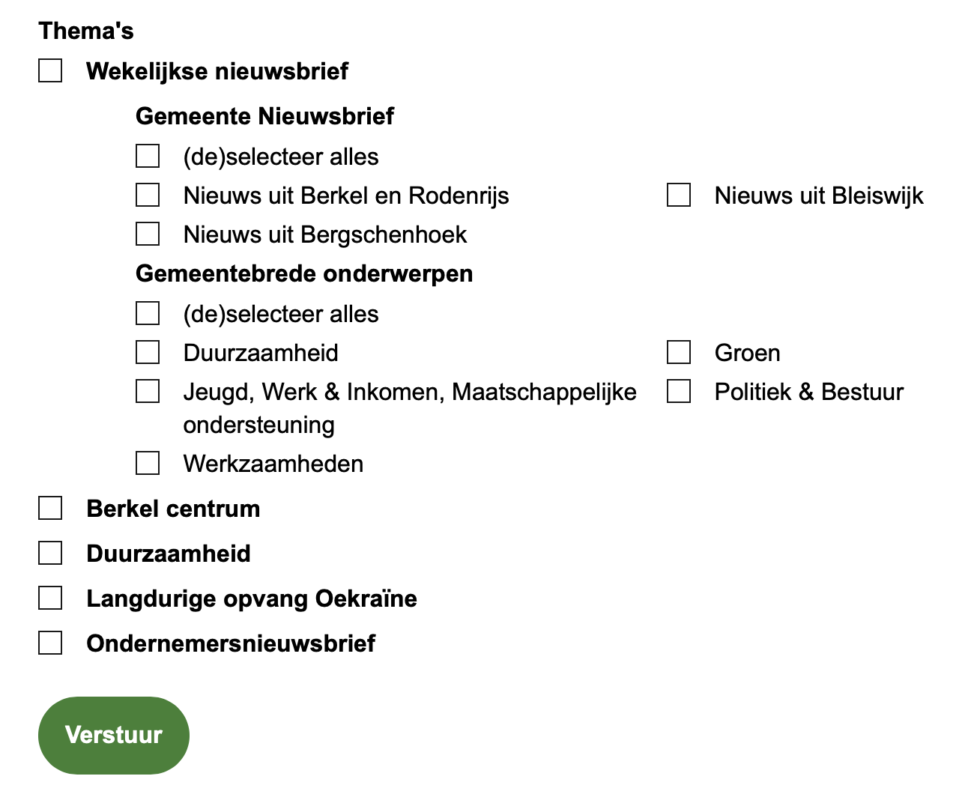 Een overzicht van de te kiezen mogelijkheden, ofwel soorten nieuwsbrieven